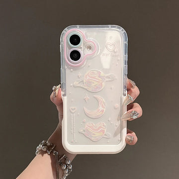 Qfdian Pink Bow Moon Stars Bracket Phone Case For iPhone 16 Pro Max 15 14 13 12 11 Clear Shokcproof Back Cover With Folded Holder Stand